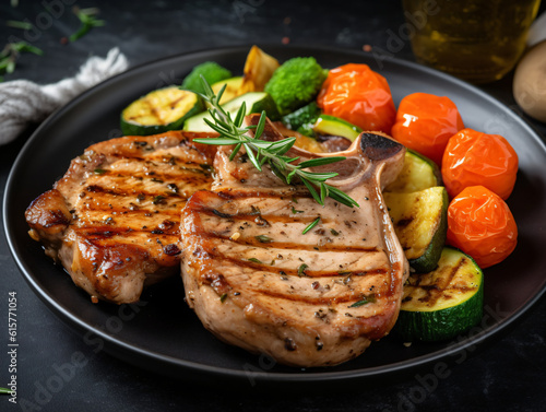 A plate of tender and juicy grilled pork chops, seasoned with herbs and served with grilled vegetables.