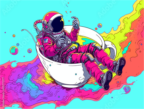 An adventurous astronaut floating in space while sipping coffee from a futuristic mug