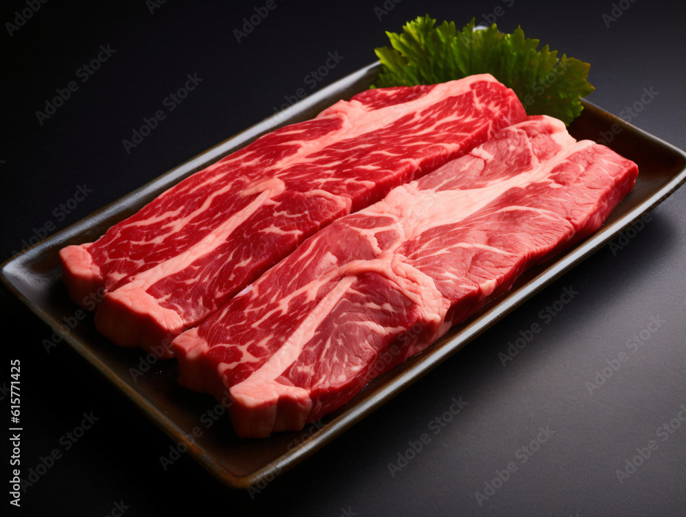 A platter of Kobe beef, known for its exceptional marbling and tenderness, often considered one of the finest types of beef in the world. 
