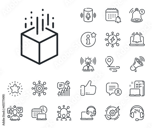 VR simulation sign. Place location, technology and smart speaker outline icons. Augmented reality line icon. 3d cube symbol. Augmented reality line sign. Influencer, brand ambassador icon. Vector