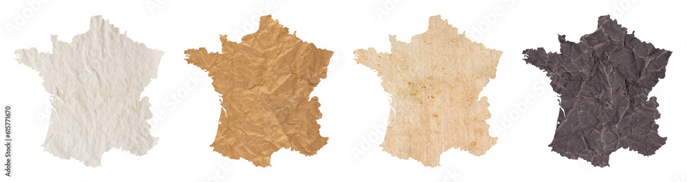 set of maps of France on old dark and brown crumpled grunge papers ...