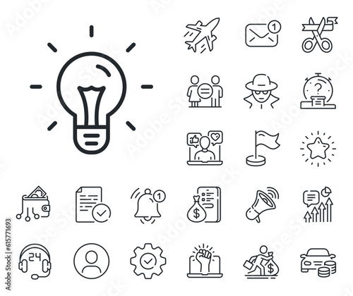 Light bulb sign. Salaryman, gender equality and alert bell outline icons. Idea line icon. Copywriting symbol. Idea line sign. Spy or profile placeholder icon. Online support, strike. Vector