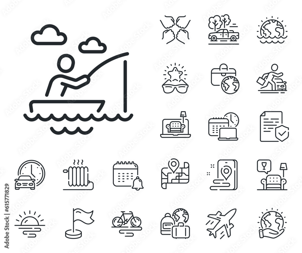Fisherman with rod sign. Plane jet, travel map and baggage claim outline icons. Boat fishing line icon. Catching fish symbol. Boat fishing line sign. Car rental, taxi transport icon. Vector Fisherman with rod sign. Plane jet, travel map and baggage claim outline icons. Boat fishing line icon. Catching fish symbol. Boat fishing line sign. Car rental, taxi transport icon. Vector