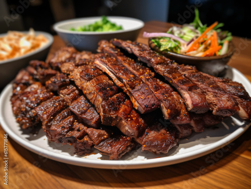 A platter of spicy and aromatic Korean BBQ short ribs, known as Galbi, with a side of kimchi.