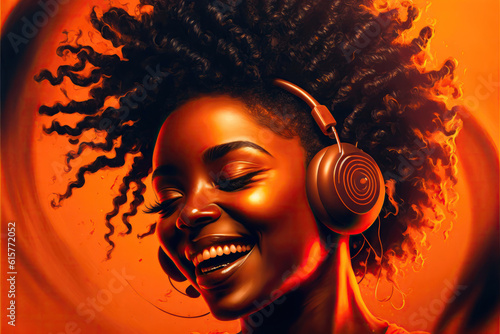 Pictoric illustration of a beautiful black woman with a beautiful smiling listening to music on orange background. Generative AI