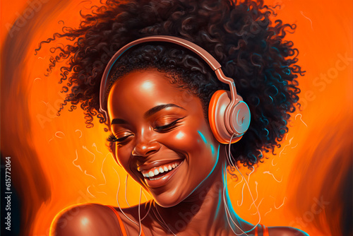 Pictoric illustration of a beautiful black woman with a beautiful smiling listening to music on orange background. Generative AI