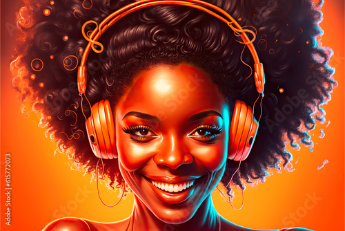 Pictoric illustration of a beautiful black woman with a beautiful smiling listening to music on orange background. Generative AI