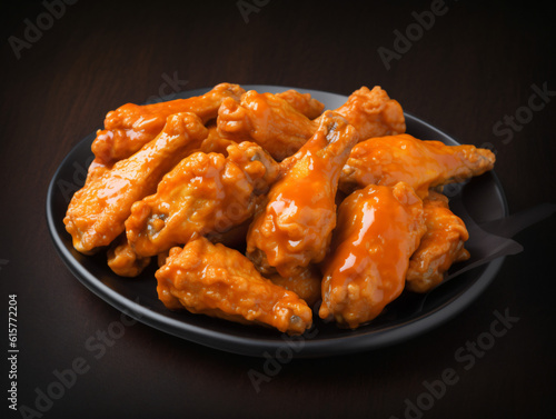 A tray of delicious buffalo chicken wings, crispy and coated in spicy sauce.