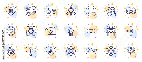 Outline set of International love, Romantic dinner and Heart flame line icons for web app. Include Friend, Atom, Valentine target pictogram icons. Love tickets, Friends couple. Vector