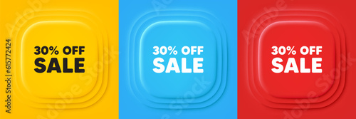 Sale 30 percent off discount. Neumorphic offer banners. Promotion price offer sign. Retail badge symbol. Sale podium background. Product infographics. Vector