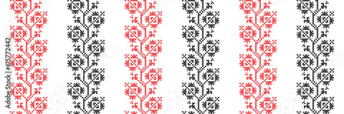 Ukrainian dog-rose, brier embroidery pattern in red and black color. Pixel art, vyshyvanka, cross stitch. Ukrainian ethnic, folk vector dog-rose pattern, ornament, print photo
