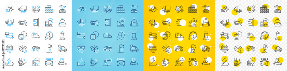 Vector icons set of Truck parking, Gift and Delivery route line icons pack for web with Cancel flight, Battery, Backpack outline icon. Tractor, Metro, Gas station pictogram. Flag. Vector Vector icons set of Truck parking, Gift and Delivery route line icons pack for web with Cancel flight, Battery, Backpack outline icon. Tractor, Metro, Gas station pictogram. Flag. Vector
