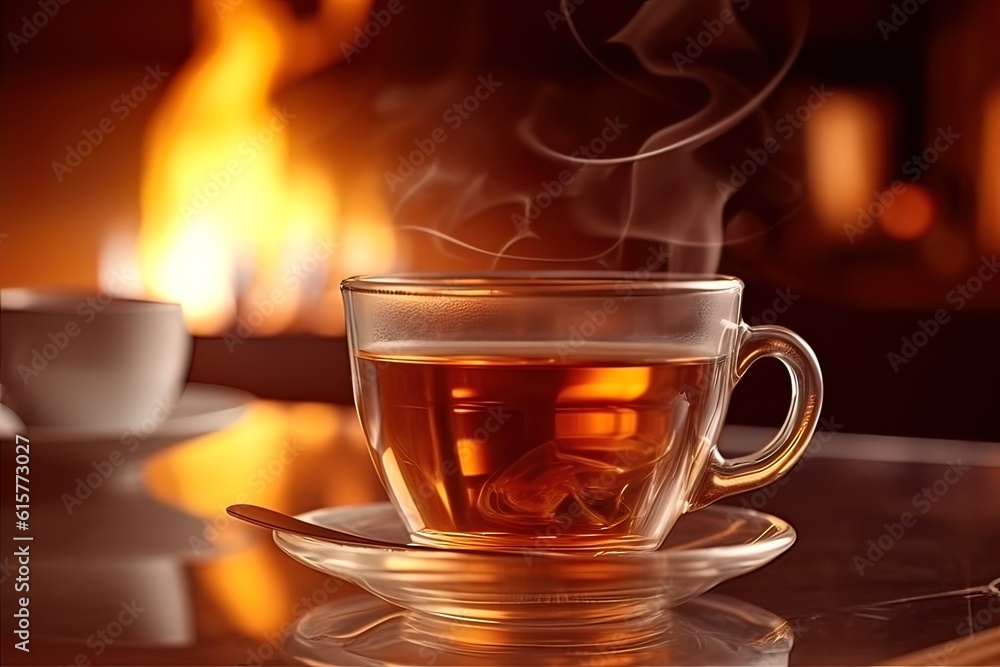 A cup of tea in a transparent glass cup, in a cafe. Generative AI. A cup of tea in a transparent glass cup, in a cafe. Generative AI.