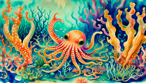 Octopus in the Coral Reef: Animals of the Underwater Sea World. Generative AI.