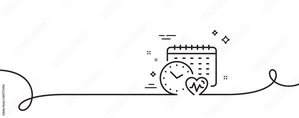 Cardio training calendar line icon. Continuous one line with curl. Fat burning time sign. Gym fit heartbeat symbol. Cardio calendar single outline ribbon. Loop curve pattern. Vector