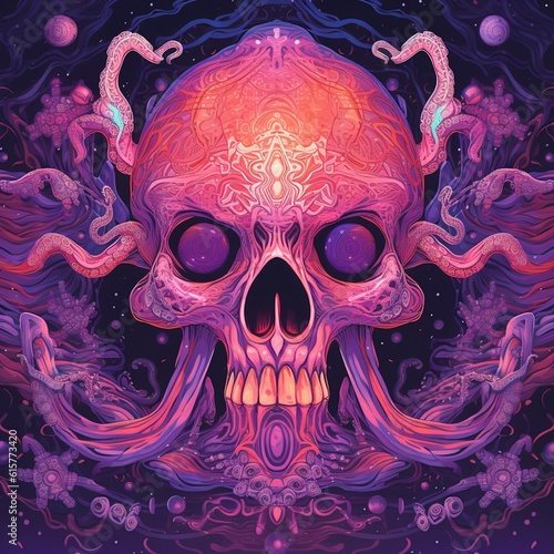 Abstract skull painting with mixed media: Dynamic and multidimensional painting combining various artistic techniques to portray a unique skull artwork. photo