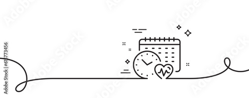 Cardio training calendar line icon. Continuous one line with curl. Fat burning time sign. Gym fit heartbeat symbol. Cardio calendar single outline ribbon. Loop curve pattern. Vector
