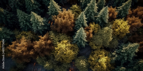 An aerial image of coniferous forest .top down view of evergreen trees  fir  pine. Nature woods background. Foliage wallpaper. Generative AI