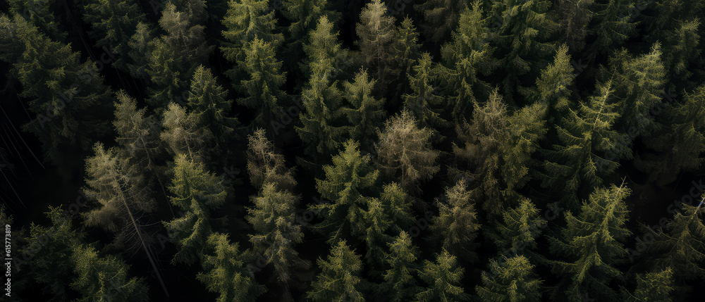 An aerial image of coniferous forest .top down view of evergreen trees, fir, pine. Nature woods background. Foliage wallpaper. Generative AI