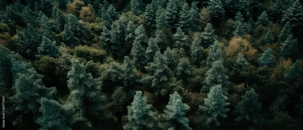 Obraz premium An aerial image of coniferous forest .top down view of evergreen trees, fir, pine. Nature woods background. Foliage wallpaper. Generative AI