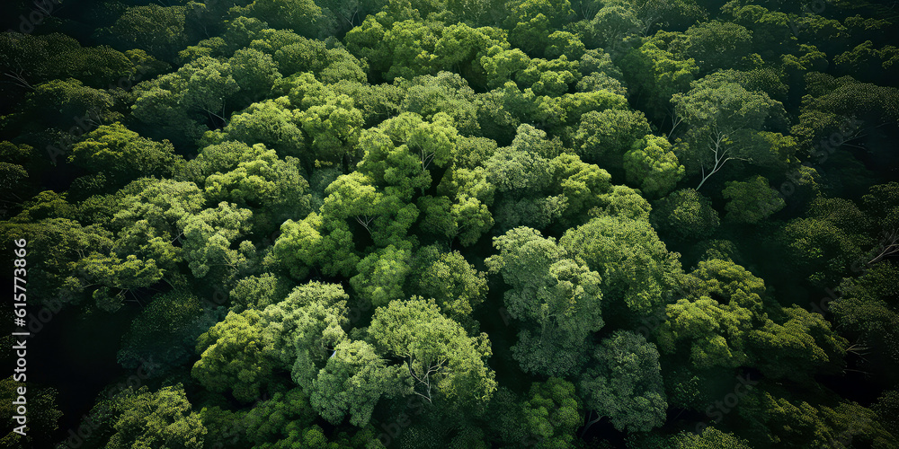 An aerial image of forest texture .top down view of green trees. Nature woods background. Foliage wallpaper. Generative AI