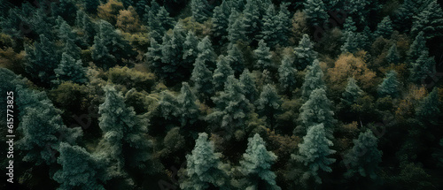 An aerial image of coniferous forest .top down view of evergreen trees, fir, pine. Nature woods background. Foliage wallpaper. Generative AI © Inai