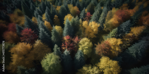 An aerial image of autumn forest .top down view of green trees. Nature woods background. Foliage wallpaper. Generative AI © Inai