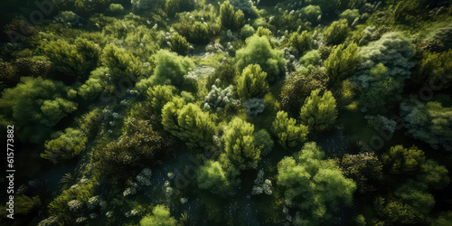An aerial image of forest .top down view of green trees. Nature woods background. Foliage wallpaper. Generative AI © Inai