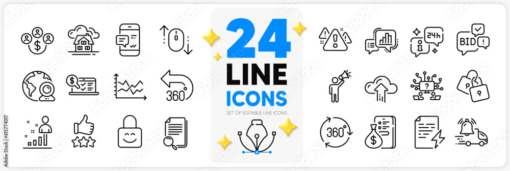 Icons set of Diagram chart, Building and 360 degrees line icons pack for app with Money, Graph chart, Info thin outline icon. Scroll down, Power certificate, Teamwork question pictogram. Vector
