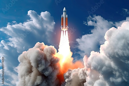 Space rocket launch with clouds and blue sky. Generative AI