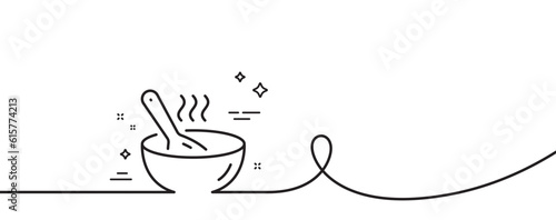 Cook line icon. Continuous one line with curl. Hot bowl with spoon sign. Food meal symbol. Cook single outline ribbon. Loop curve pattern. Vector