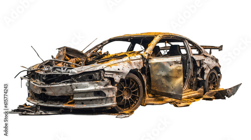 Realistic wrecked burnt-out car. Passenger car. Transparent background. Generative Ai