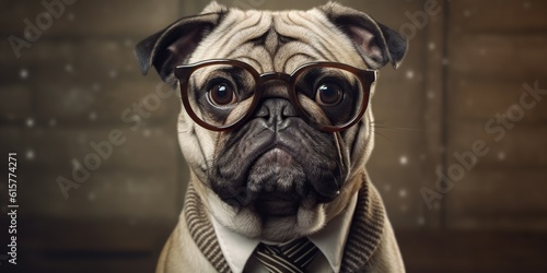 Portrait of a clever dog wearing eyeglasses, concept of Animal intelligence, created with Generative AI technology
