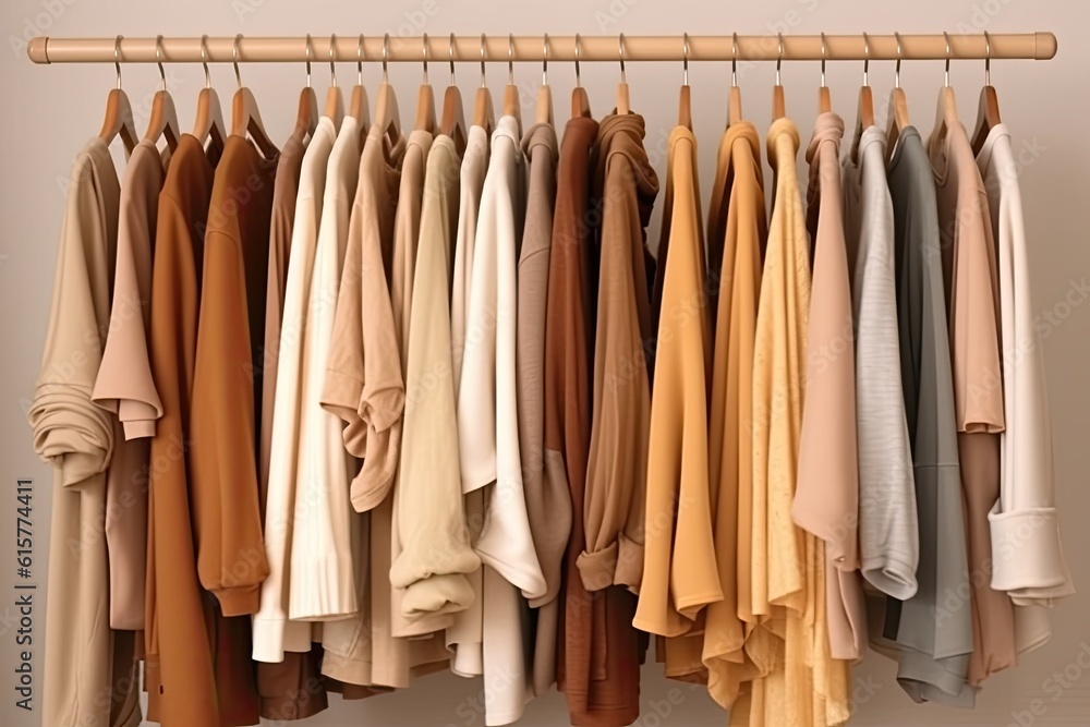 Collection of on a rack with coat, and t-shirt hangers, minimalist. clothing. Collection of on a rack with coat, and t-shirt hangers, minimalist. clothing.