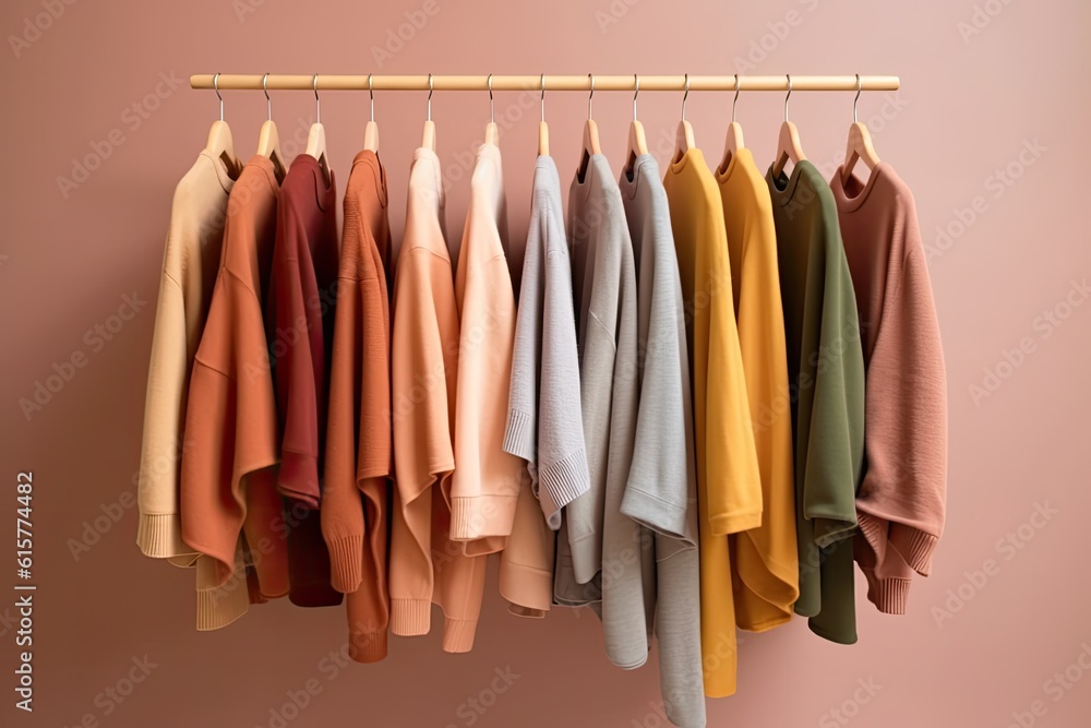 Collection of on a rack with coat, and t-shirt hangers,  minimalist. t-shirt clothing.
