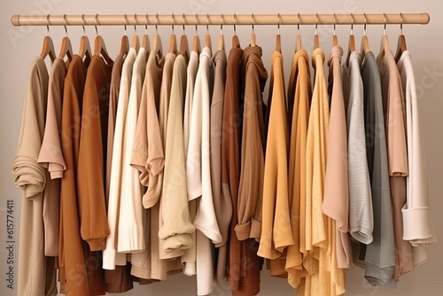 Collection of on a rack with coat, and t-shirt hangers, minimalist. clothing.