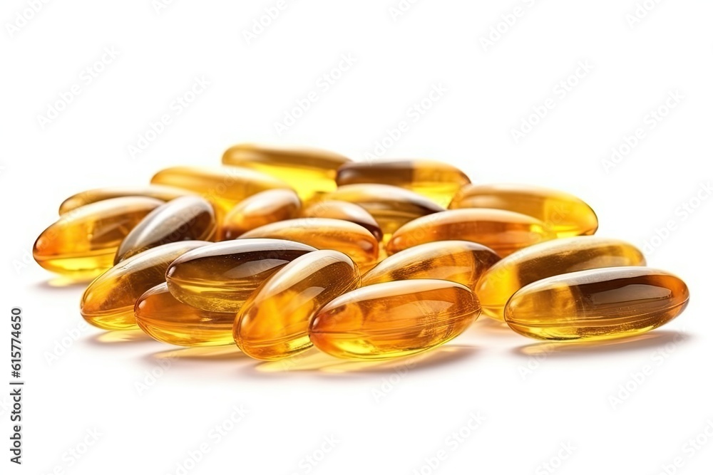 fish oil capsules isolated on white background. Generative AI fish oil capsules isolated on white background. Generative AI