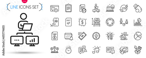 Pack of Notification, Work home and Video conference line icons. Include Report timer, Cloud computing, Idea pictogram icons. Technical info, Ð¡ompetition, Musical note signs. Clipboard. Vector