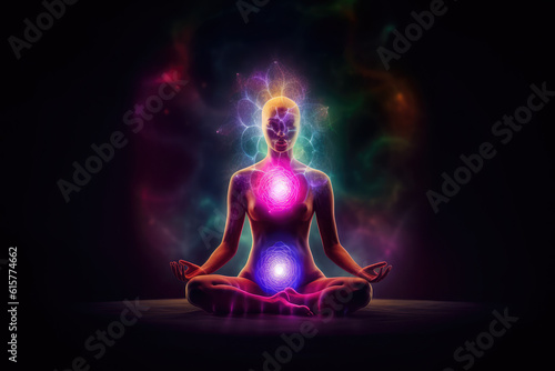 Concept of meditation and spiritual practice  expanding of consciousness  chakras and astral body activation  mystical inspiration image for yoga  generative AI