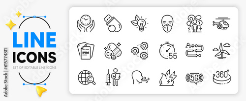 Windmill turbine, Journey path and Flash memory line icons set for app include Difficult stress, Fire energy, International copyright outline thin icon. Safe time, Medical helicopter. Vector