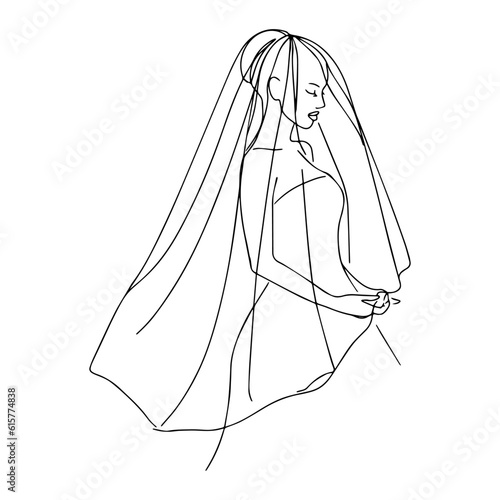 Bride in a wedding veil. Side view of a one line silhouette of a bride in a wedding dress. Continuous line hand drawn vector illustration for wedding, wedding party invitation