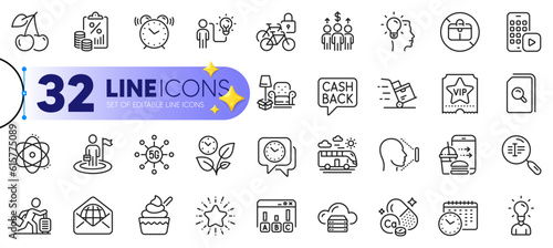 Outline set of Bus travel, Cloud server and Leaves line icons for web with Search files, Business idea, Travel delay thin icon. Phone app, Alarm clock, Atom pictogram icon. Vip ticket. Vector