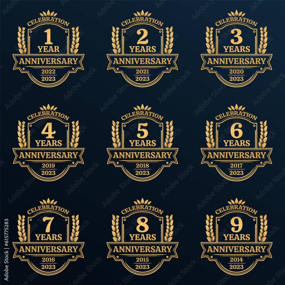 1, 2, 3, 4, 5, 6, 7, 8, 9 years anniversary icon or logo. Vintage birthday banner design with laurel wreath. Anniversary celebration badge or label collection. Vector illustration.
