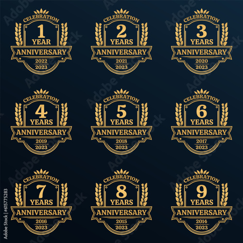 1, 2, 3, 4, 5, 6, 7, 8, 9 years anniversary icon or logo. Vintage birthday banner design with laurel wreath. Anniversary celebration badge or label collection. Vector illustration.