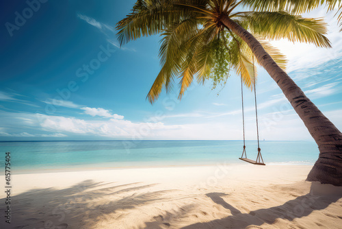 Tropical composition. Simple swing hangs from palm tree on background of ocean shore, white sand beach, clear water and blue summer sky. Generative AI professional photo imitation. © SnowElf