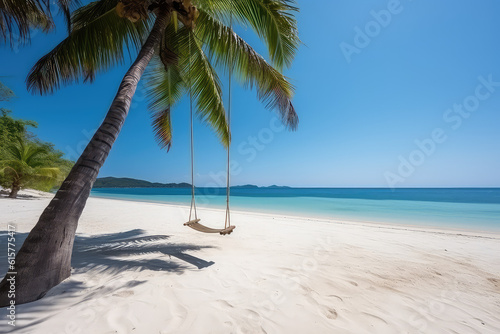 Exotic composition. Simple swing hangs from palm tree on background of ocean shore  white sand beach  clear water and blue summer sky. Generative AI professional photo imitation.