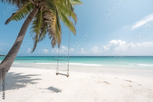 Tropical composition. Simple swing hangs from palm tree on background of ocean shore  white sand beach  clear water and blue sky  white clouds  sunny day. Generative AI professional photo imitation.