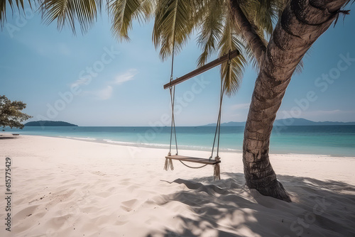Tropical composition. Simple swing hangs from palm tree on background of ocean shore, white sand beach, clear water and blue sky, sunny day. Generative AI professional photo imitation. © SnowElf