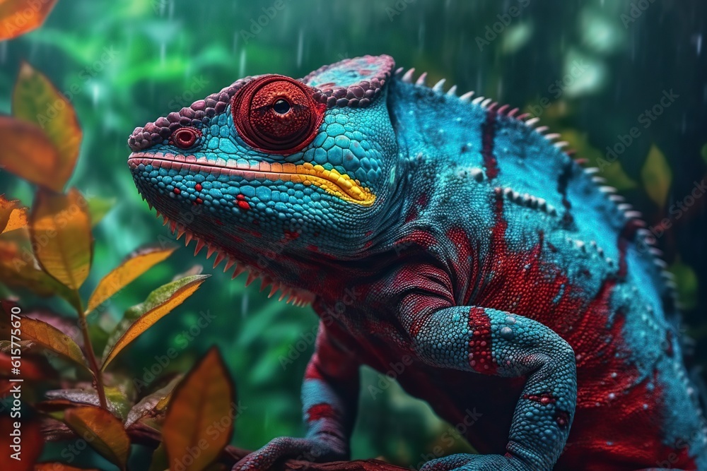 Colorful chameleon panther with a green and blue vibrant face sits on a tree in the jungle isolated on leaves background. Lizard on the green leaves. Colorful chameleon panther with a green and blue vibrant face sits on a tree in the jungle isolated on leaves background. Lizard on the green leaves.