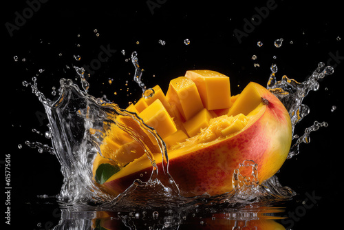 Delicious ripe cubes of orange mango in bursts of clear water. Shot in motion  splashes of water isolated against a black background. Generative AI professional photo imitation.